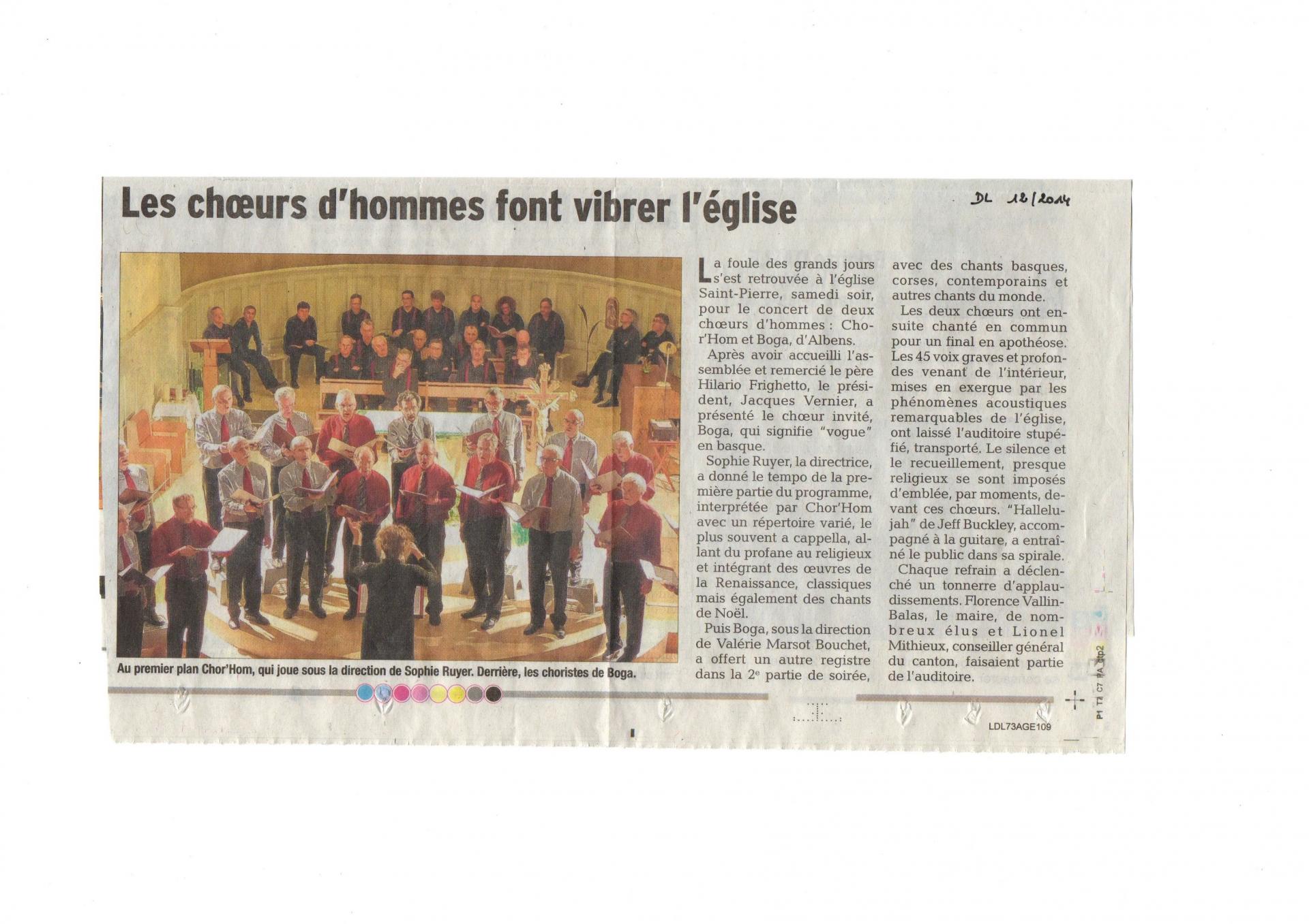 Article Dauphiné Libéré dec 2014 Boga concert Cognin